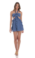 Chiffon Cutout Ruffle Dress in Denim Blue