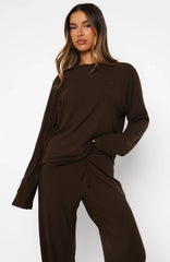 Come A Long Way Soft Lounge Long Sleeve Ribbed Tee Chocolate