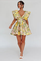 Bennet Puffed Neckline Mini Dress Floral Pink/Yellow