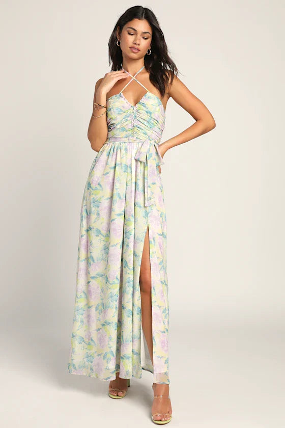 Effortlessly Abloom Green Multi Floral Ruched Halter Maxi Dress