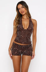 Wish I Didn't Care Beaded Shorts Chocolate