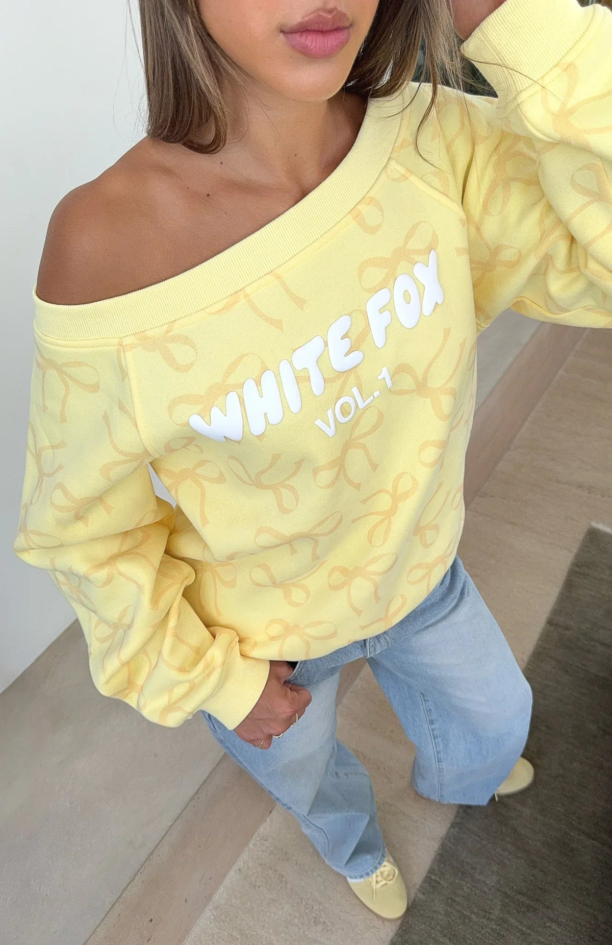 Vol. 1 Off Shoulder Printed Sweater Lemon Bow