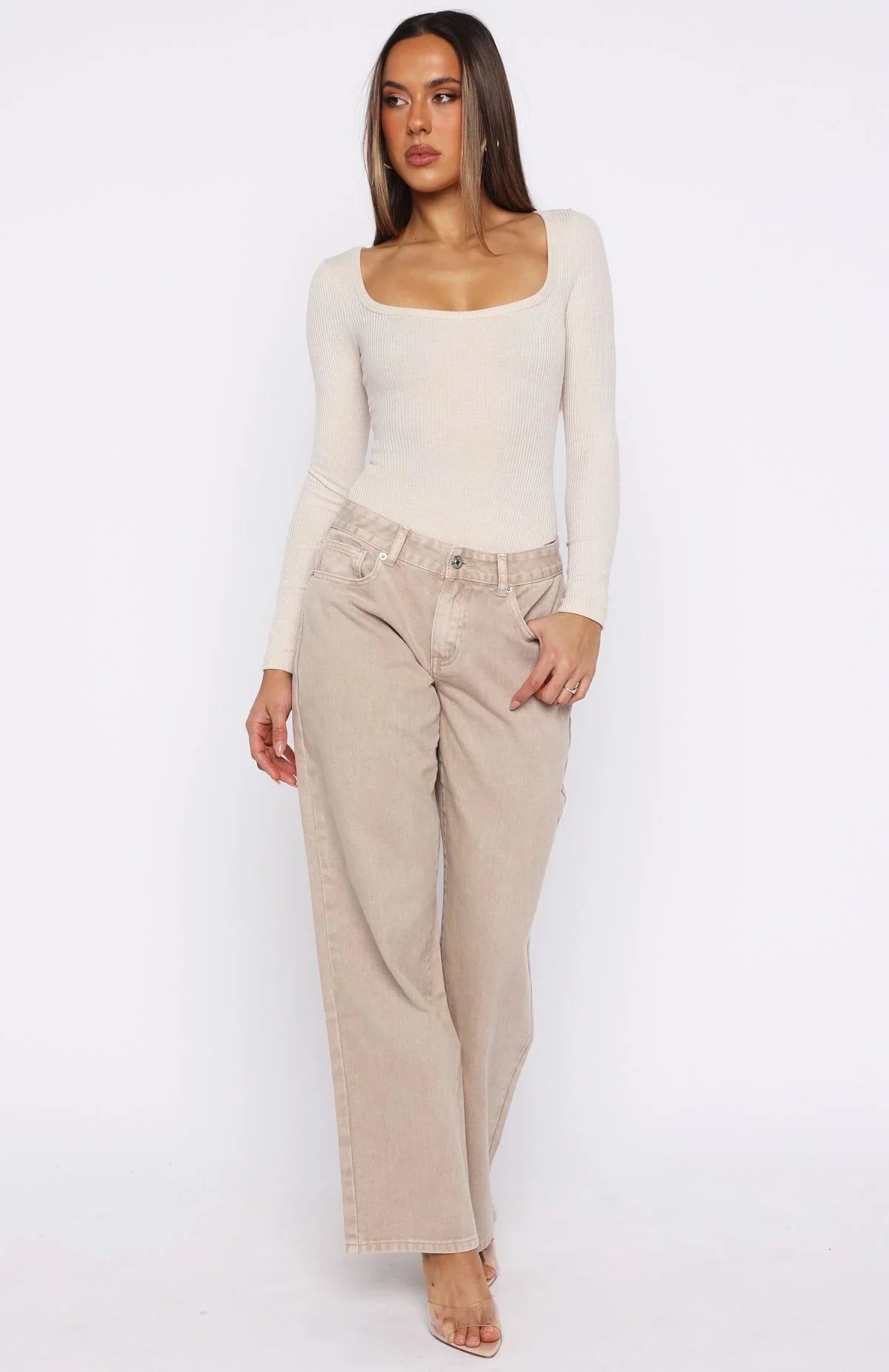 Bring The Style Low Rise Wide Leg Jeans Sesame Wash