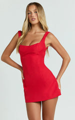 Aretha Mini Dress Corset Panel Dress in Red