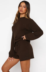 Come A Long Way Soft Lounge Ribbed Shorts Chocolate