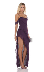 Chiffon Ruffle Maxi Dress in Purple
