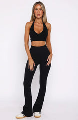 Scared To Confess Seamless Ribbed Flare Pants Black