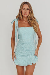 Neriah Tied Shoulder Lace Mini Dress Baby Blue