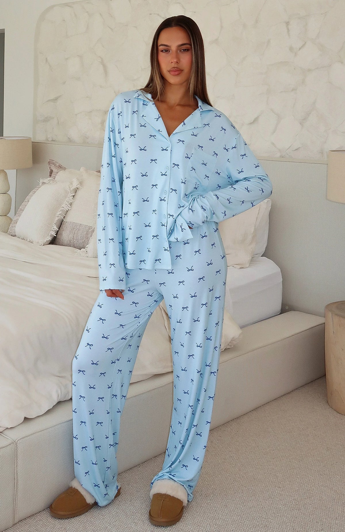 Pillow Talk Printed Long Sleeve Pyjama Set Sky Ribbons