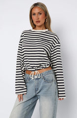 First Time Here Long Sleeve Tee Charcoal/Cream Stripe