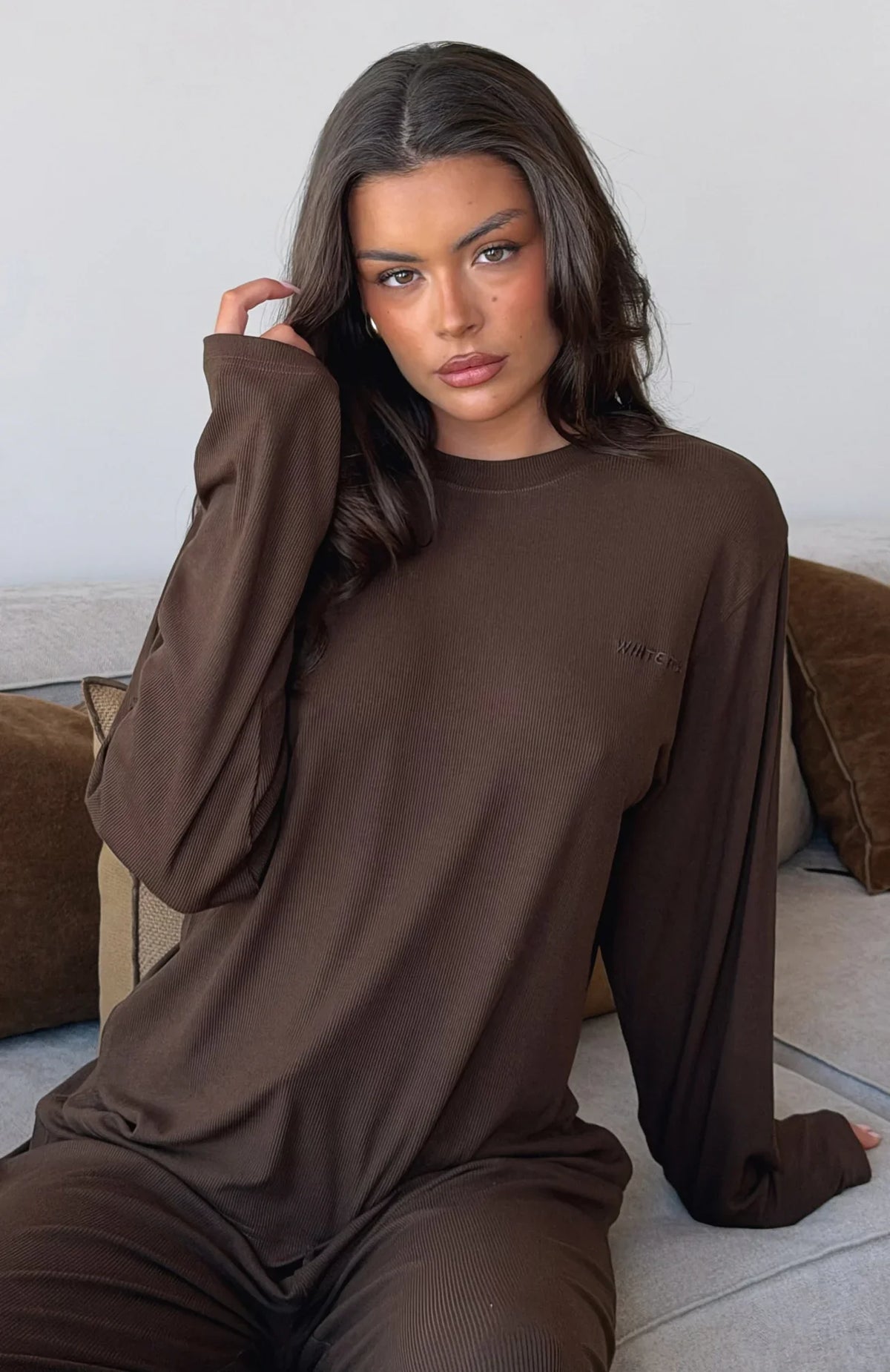 Come A Long Way Soft Lounge Long Sleeve Ribbed Tee Chocolate