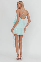 Standing Out Ruffle Rosette Trim Sequin Mini Dress Mint