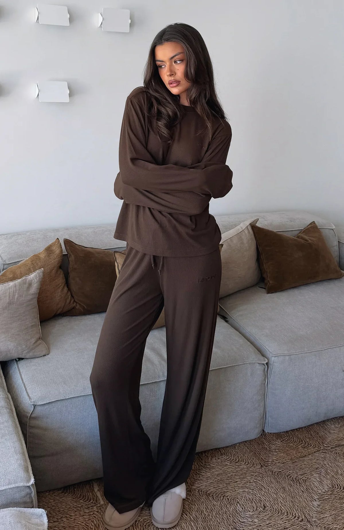 Come A Long Way Soft Lounge Ribbed Wide Leg Pants Chocolate