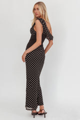 Milos Asymmetric Neckline Maxi Dress Black Dot
