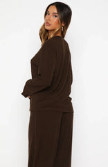 Come A Long Way Soft Lounge Long Sleeve Ribbed Tee Chocolate