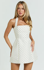 Dante Mini Dress Halter Neck Tie Tulip Skirt Dress in White Polkadot