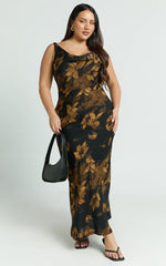 Dara Midi Dress Low Neck Sleeveless Slip Dress in Amber Floral Print