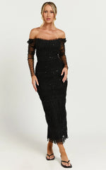 Evelyn Midi Dress Long Sleeve Shirred Tulle Dress in Black Polka