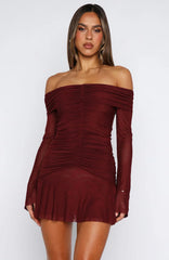 Dreaming Of Yesterday Long Sleeve Mini Dress Burgundy