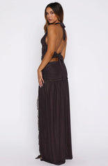 Mad At You Maxi Skirt Choc/Pink Polka Dot