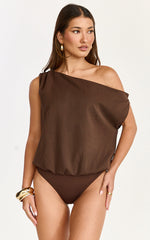 Gwen Bodysuit - Asymmetrical Neckline One Shoulder Bodysuit in Chocolate