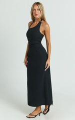 Lindley Midi Dress Halter Neck Linen Look Dress in Black