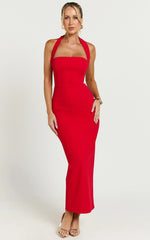Salome Midi Dress Halter Neck Column Dress in Red