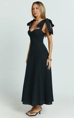 Tymia Midi Dress Shoulder Tie Bustier Shirred Back A Line in Black