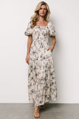 Susanna Smocked Maxi Dress | Ivory + Blue Floral